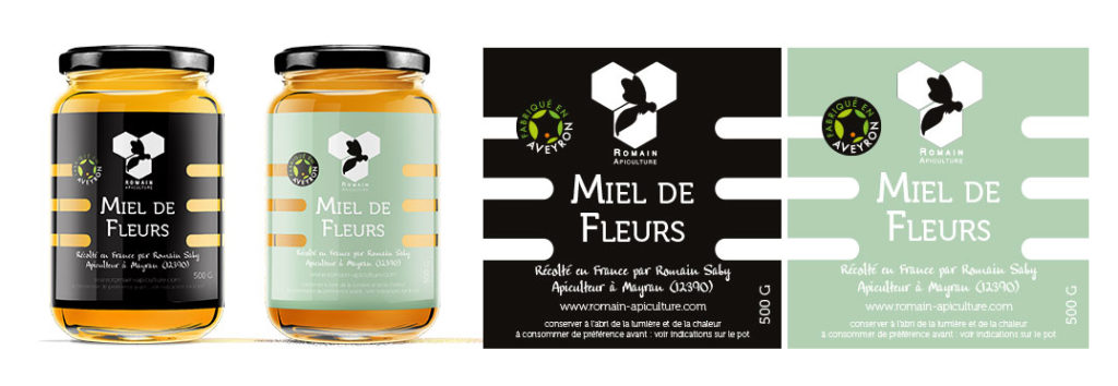 Romain Apiculture, pots de miel avec mise en avant du packaging et des étiquettes avec forme de découpe en rayures pour rappeler l'abeille